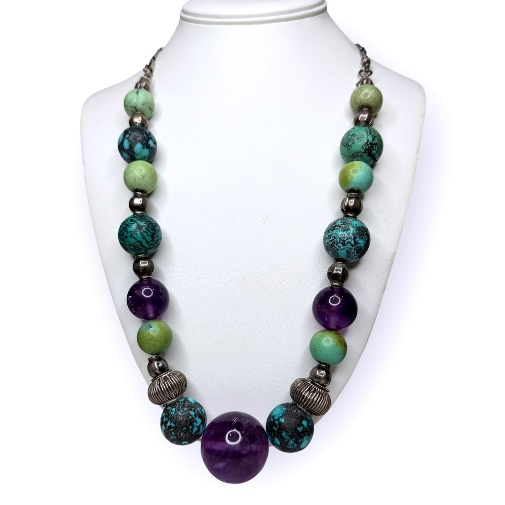 AJ Sterling Necklace 925 Amethyst Turquoise 26.25" Purple Teal Denmark Statement